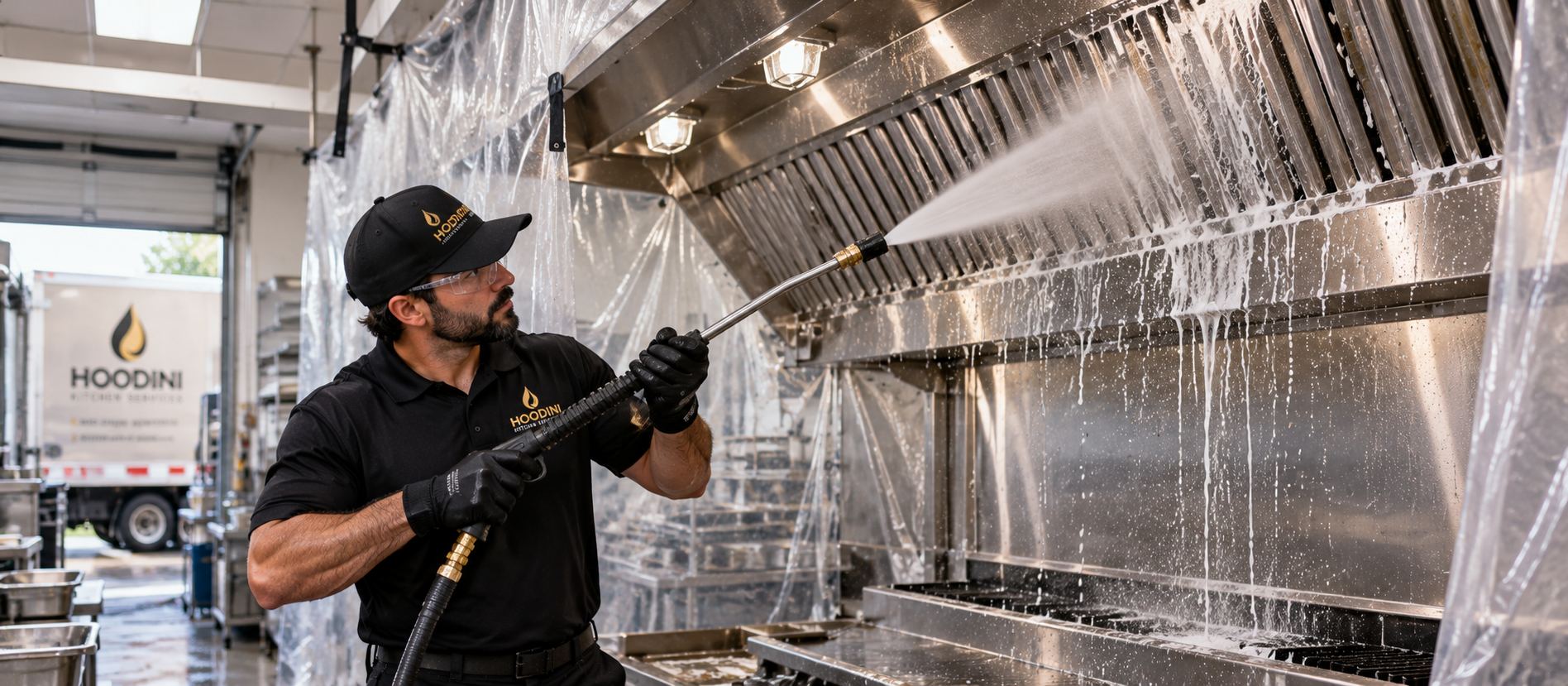 tech pressure washing a hood canopy, plastic sheeting up