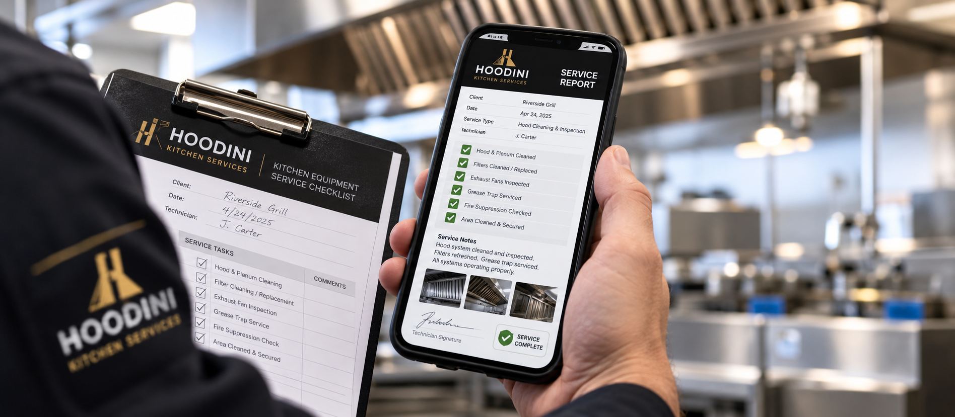 sample Hoodini service report on a clipboard or phone screen