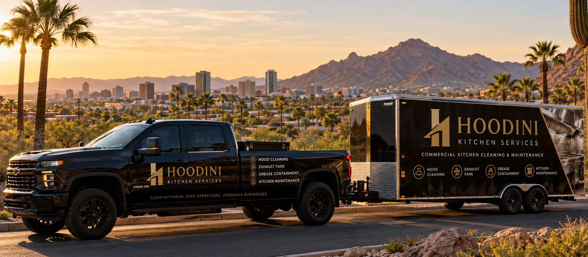 Phoenix skyline or Hoodini truck with Camelback Mountain behind